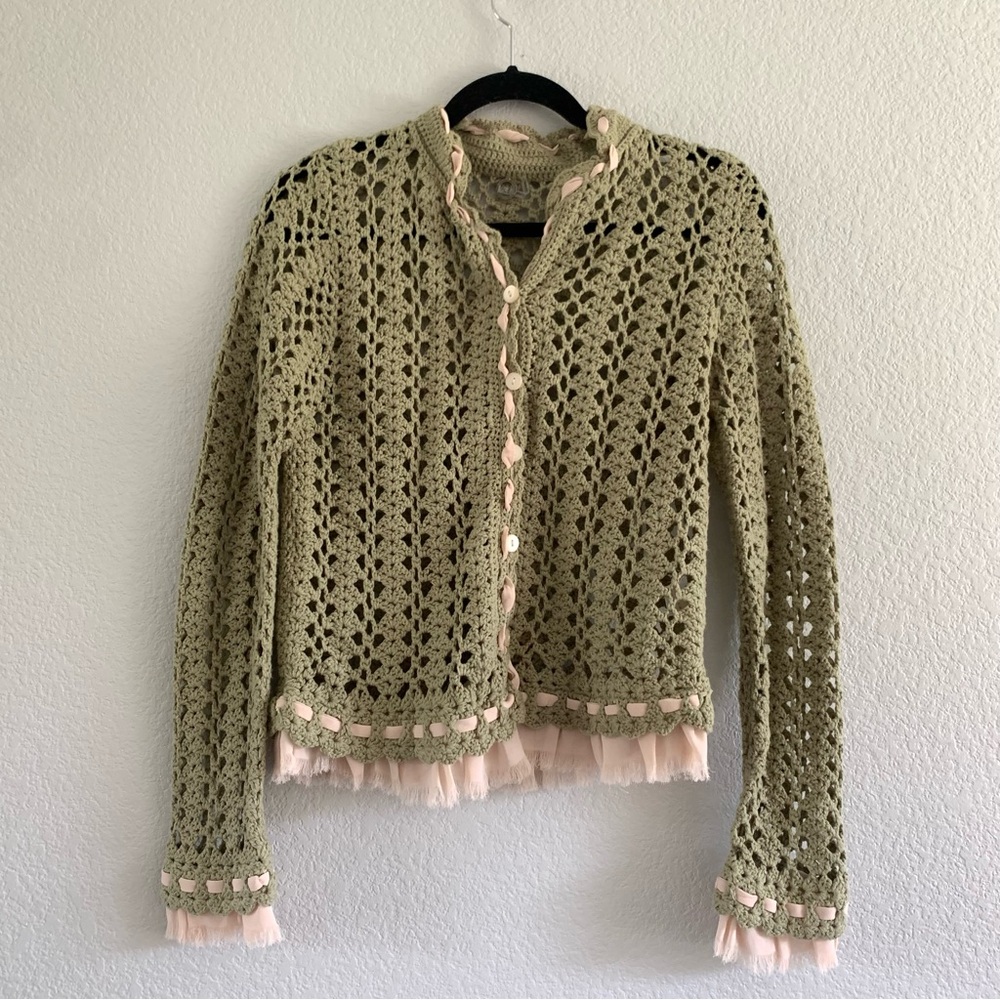 Olive Green Crochet Sweater with Pink Accents - Picture 6 of 8